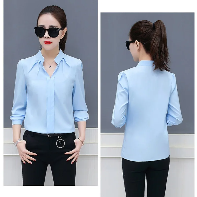 Women Sexy Shirts V-Neckline Chiffon Blouses Ladies Long Sleeve Pleated Camisa Elegant Plus Size Stylish Office Blouse off the shoulder shirts & tops