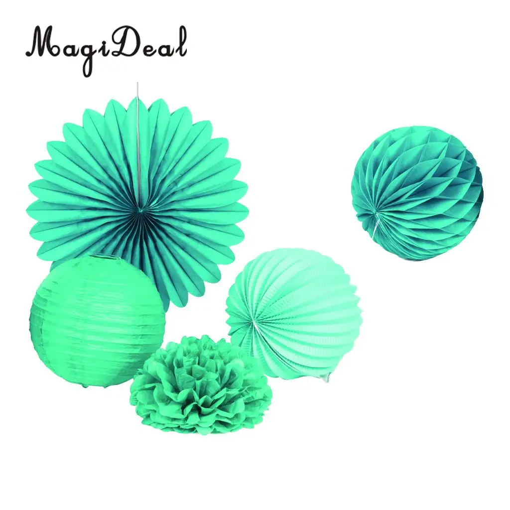 MagiDeal 5 Pieces Mixed Style Paper Pompoms Fan Honeycomb Ball Wedding Party Home Decor Blue and Green 
