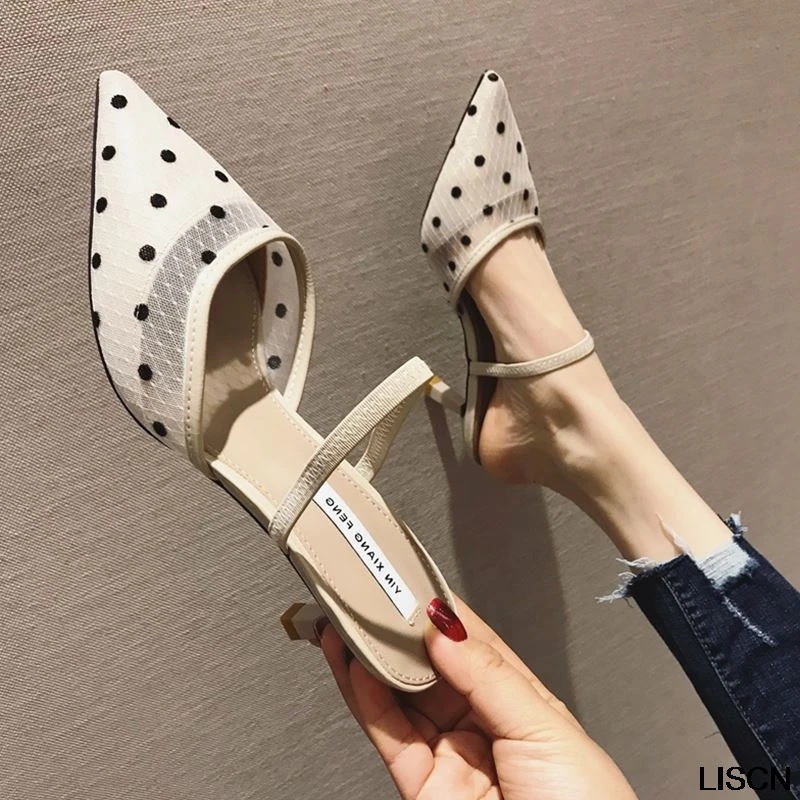 

New Summer Polka Dot Women Sandals Pointed Toe Women Mesh 5cm Thin Heel Ladies Slippers Comfortable Slip On Shoes woman Pumps