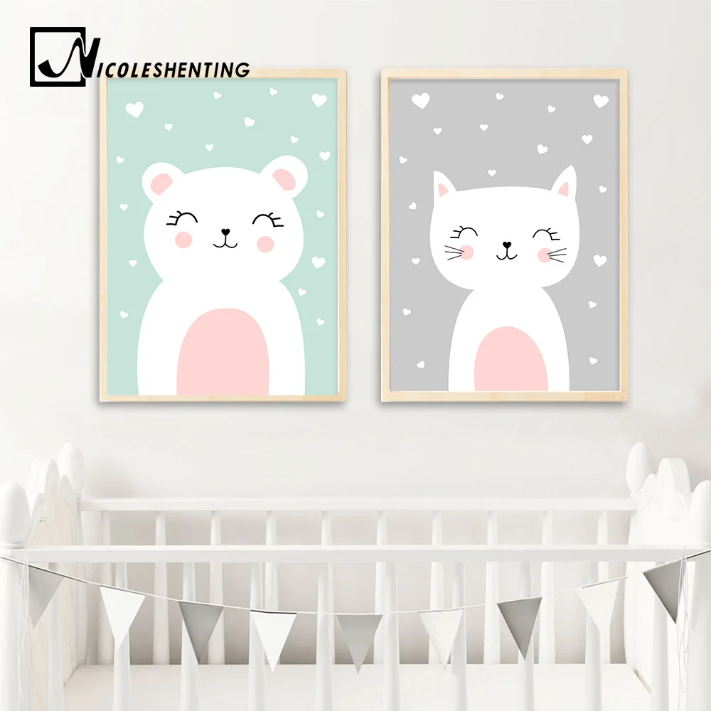 Kawaii Wall Art Холст постер для детской комнаты принт мультфильм кошка кролик Живопись скандинавские детские украшения Картина декор для детской гостиной