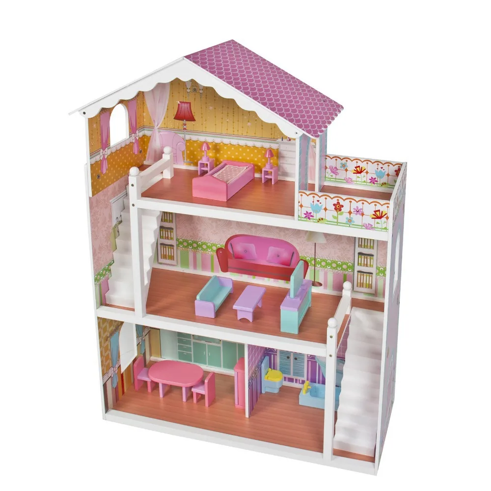 Large Children's Wooden Dollhouse &Fits Doll House Pink With Furniture