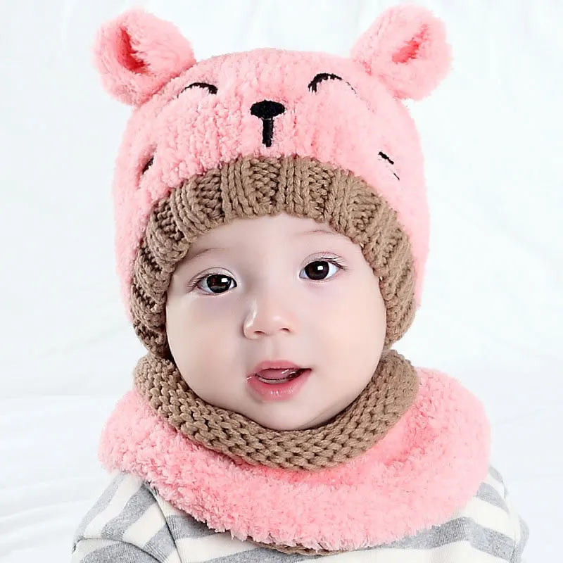 Новорожденный ребенок теплый вязание шапка набор 2 шт./лот детские шапки Хлопок Детские шапочки детская шапка Девочки Мальчики нагрудник дети шарф Набор GH658 - Цвет: Pink Set