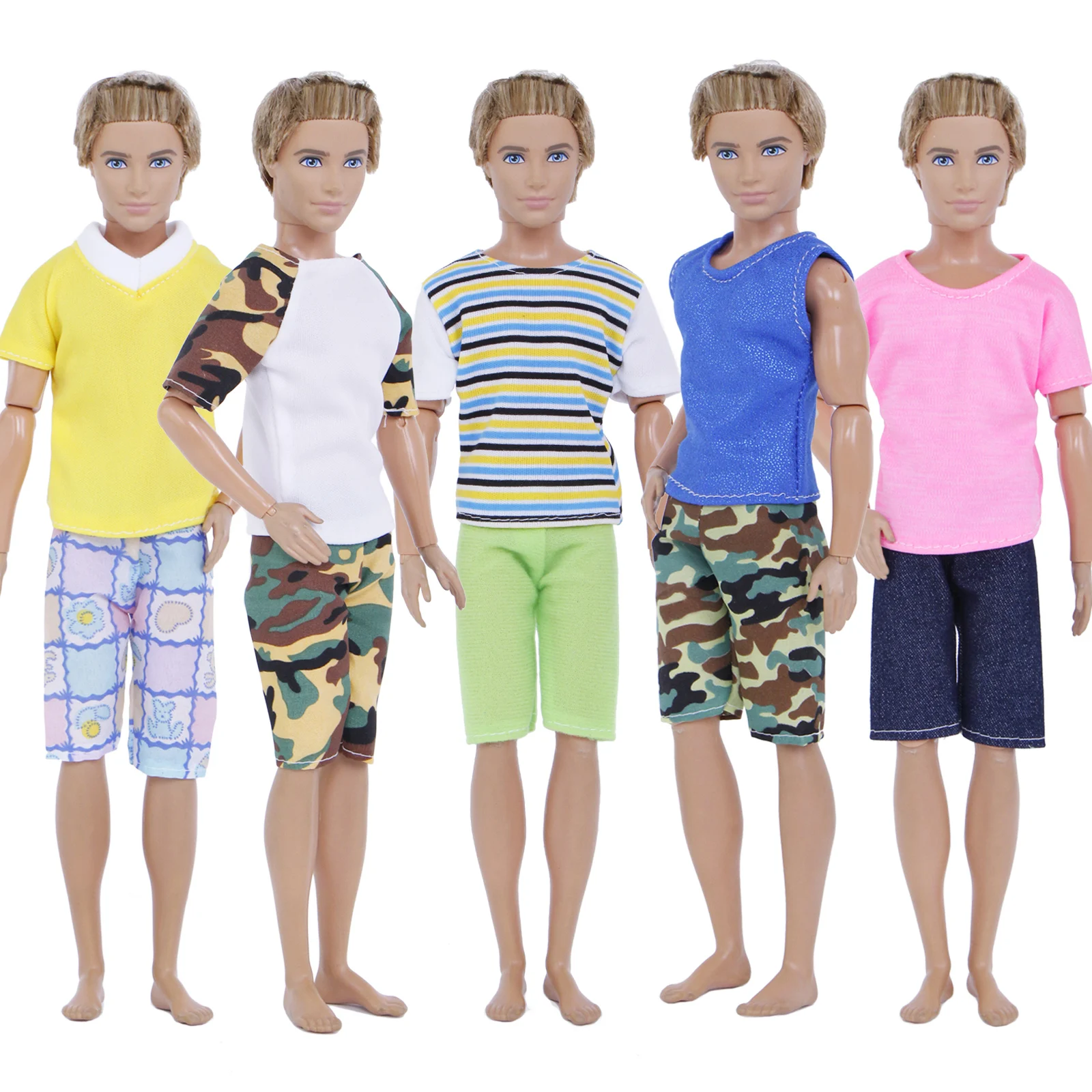 

10 Pcs = 5 Sets Outfits T-Shirt + Shorts Cool Summer Sports Daily Wear Accessories Camouflage Clothes for Barbie Ken Doll