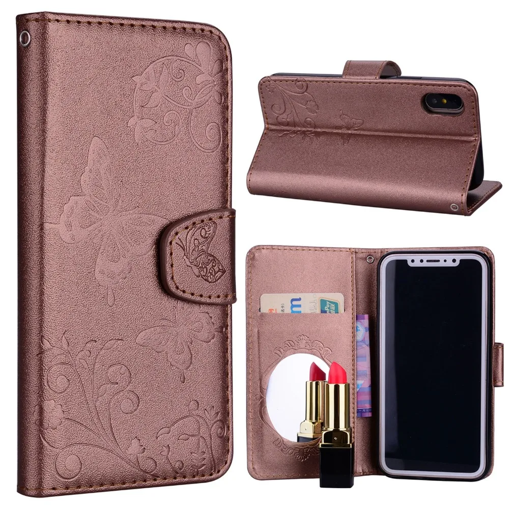 Flip Phone Case Women for iPhone 6 7 Plus Leather Wallet Cover 8 X Hanging Stand with Mirror Flower | Мобильные телефоны и