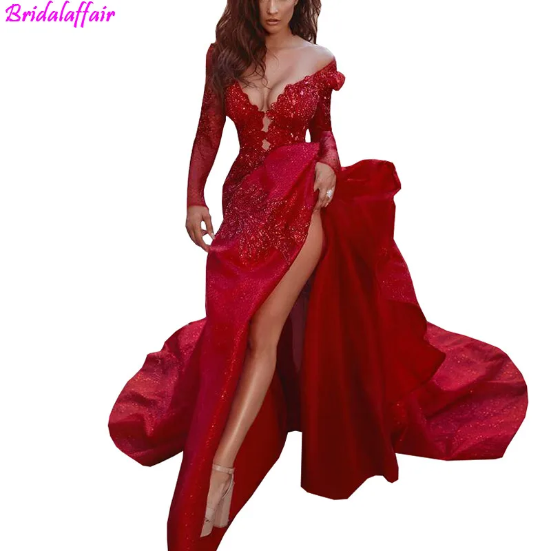 

Red V Neck Mermaid Long Sleeves Lace Applique Beaded Evening Dresses Beautiful Cocktail Pageant Gowns Custom Made Prom Dress