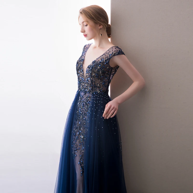 Navy Blue Evening Dress Elegant Robe Longue Vestido De Festa A Line Evening Dresses Long Dress Party Gowns 2019 Robe De Soiree