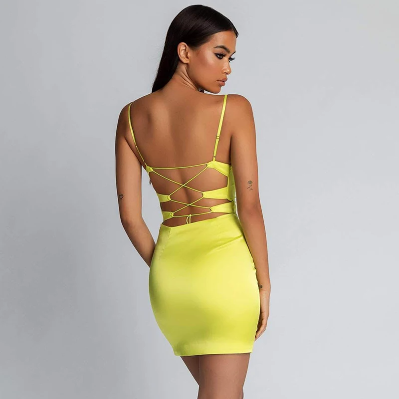 Slaygirl атласная Bodycon Вечерние Платье Для женщин весенние однотонные, на шнуровке, пикантные Клубные платья с низким вырезом на спине Повседневное женские Белое платье Красный Vestidos