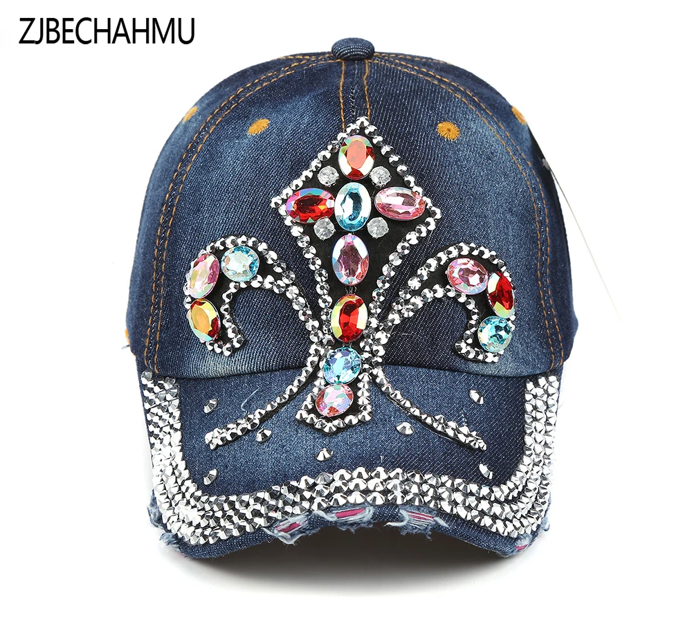 

2017 New Fashion Design Bling Hat&Cap Colorful Butterfly Denim Jean Baseball Cap For Lady Full Rhinestones On Viso