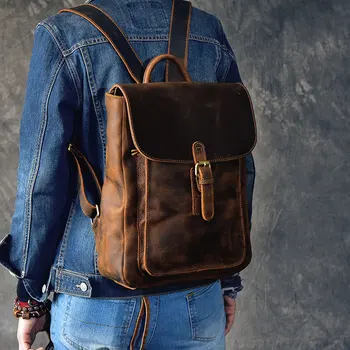 

Men Backpack Genuine Leather Vintage Daypack Travel Casual School Book Bags Brand Crazy Horse Cowhide Male Laptop Bags Rucksack