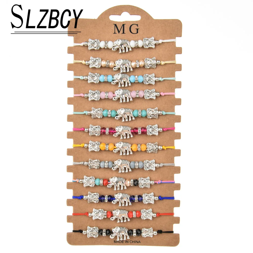 

12 pcs/lot Animal Elephant Charm Braided Bracelets Adjustable Rope Chain Crystal Beads Wristband Anklet Bohemia Women Jewelry