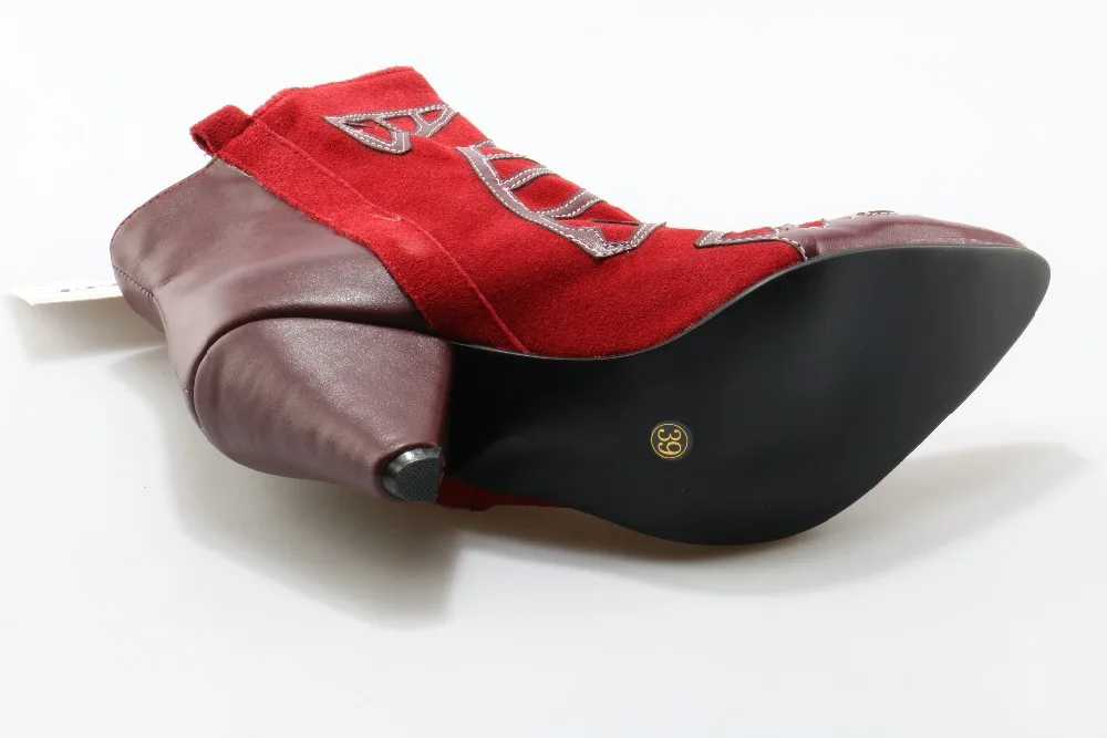 De Bottes Bout Slip En Mode Rouge on Aiguilles Cheville Pointu Brodé Chaussons Chaude Talons Daim Dame Cowboy Courtes Femmes Chaussures RwqggC