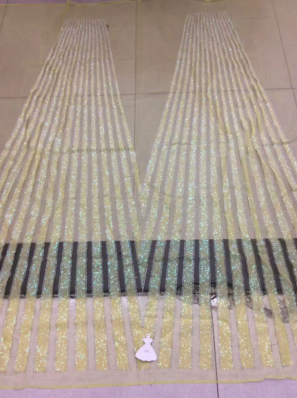 New African Shining ivory Mesh Fabric French Gold Striped Heavy Lace