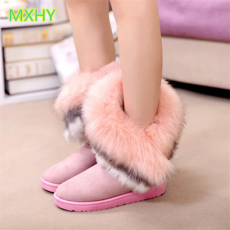 

MXHY Winter new large fox fur rabbit hair wonan snow boots female snow boots junior high school Big boy Girls warm cotton shoes