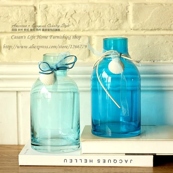

Mediterranean simple fashion style glass shell transparent vase,ocean style Home decor living room/restaurant blue glass vase