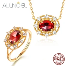 ALLNOEL, роскошные 925 пробы, серебряные гранаты, Ювелирные наборы для женщин, ожерелье, кольцо, набор драгоценных камней, хорошее ювелирное изделие, обручальное кольцо