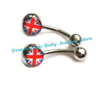 

Free Shipping Union Jack Belly Bar UK Navel Ring Belly Button Ring 14G Wholesale Body Piercing Jewelry Barbell 316L surgical SS