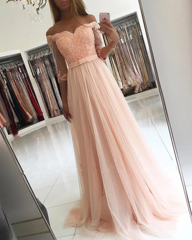 Peach 2018 Prom Dresses A line Half Sleeve Tulle Lace Beaded Women