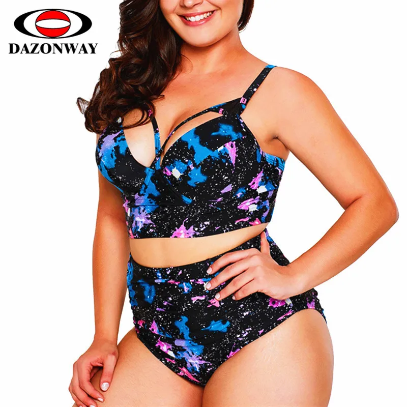 

2019 Mew Summer Swimsuit Plus Size Women Underwire Bikini Set With Chest Pad Triangle High Waist Print Split Swimwear Black XXXL