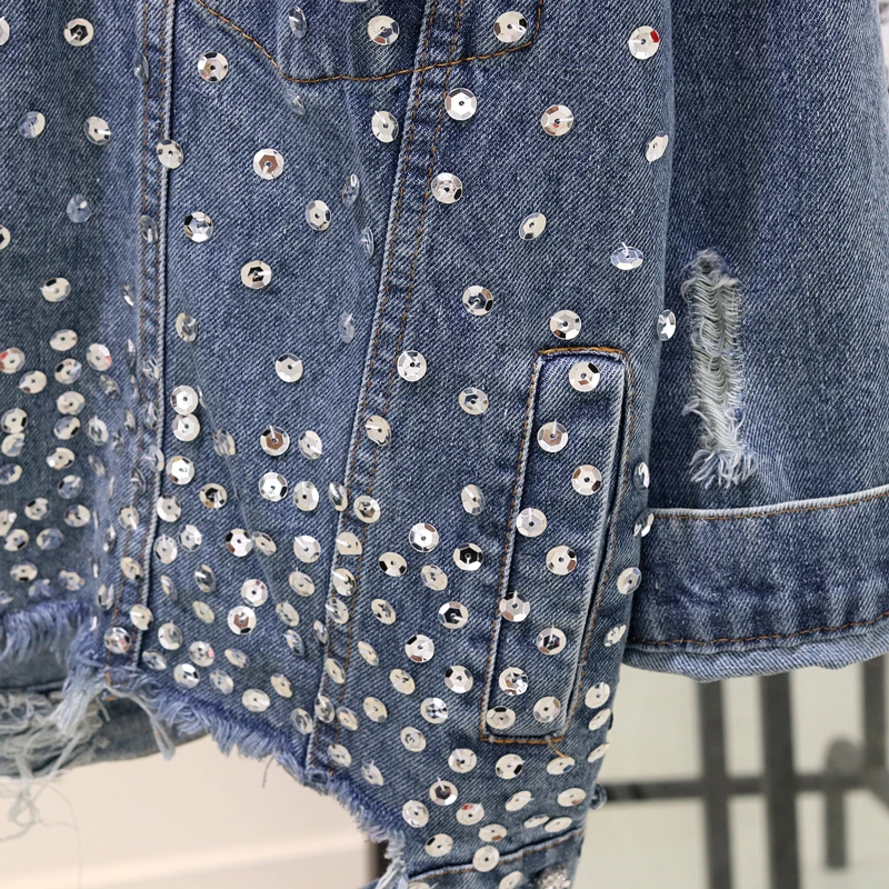 Veste Manches Longues Tops Vestes Cassé Ulzzang Lourd Lâche 2018 L'europe Femme De Paillettes Et Bleu Trou Femelle L'automne Denim À Manteaux Femmes TxUHUg