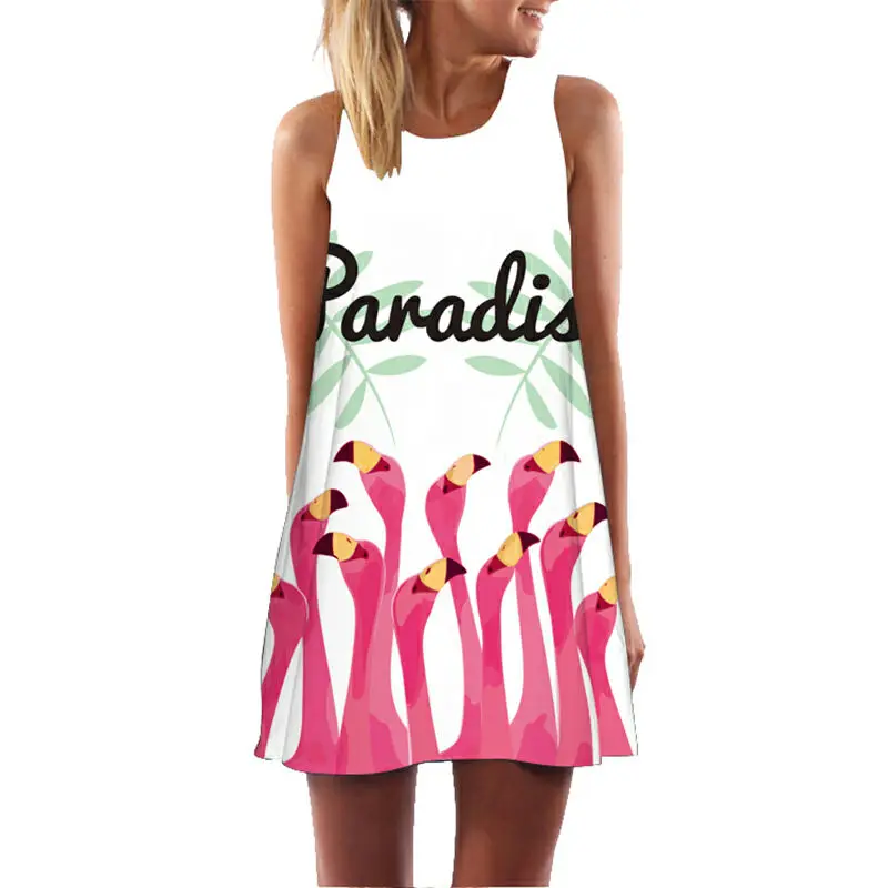 

Plus Size Summer Mini Dresses New Flower Flamingo Sleeveless Slim Beach Dresses 2019 Women Vestidos Robe Femme