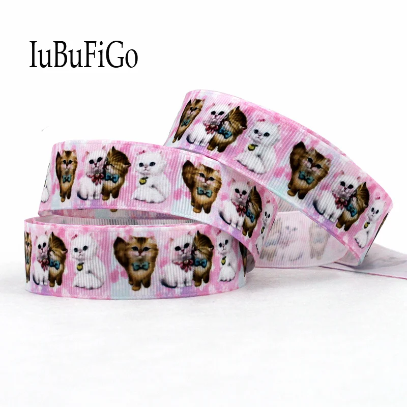 IuBuFiGo 30 ярдов 7/8 &quotКот Печатный Grosgrain ленты банты для рукоделия 22 мм ручной работы