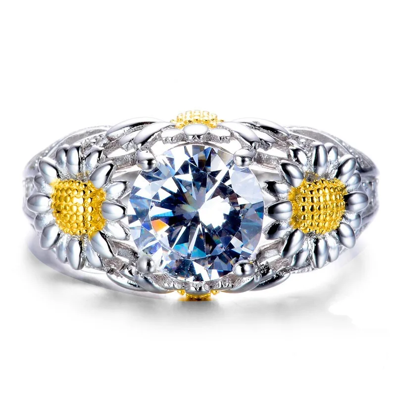 Модные серебряные кольца с камнем рождения, 2 стиля, круглый кристалл, медное кольцо «Подсолнух» для женщин, обручение, юбилей, ювелирное изделие, подарок
