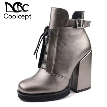

CoolCept Women Winter Boots Metal Buckle Lace Up Women Shoes Fashion Vintage Ankle Boots Club Party Woman Footwear Size 35-40