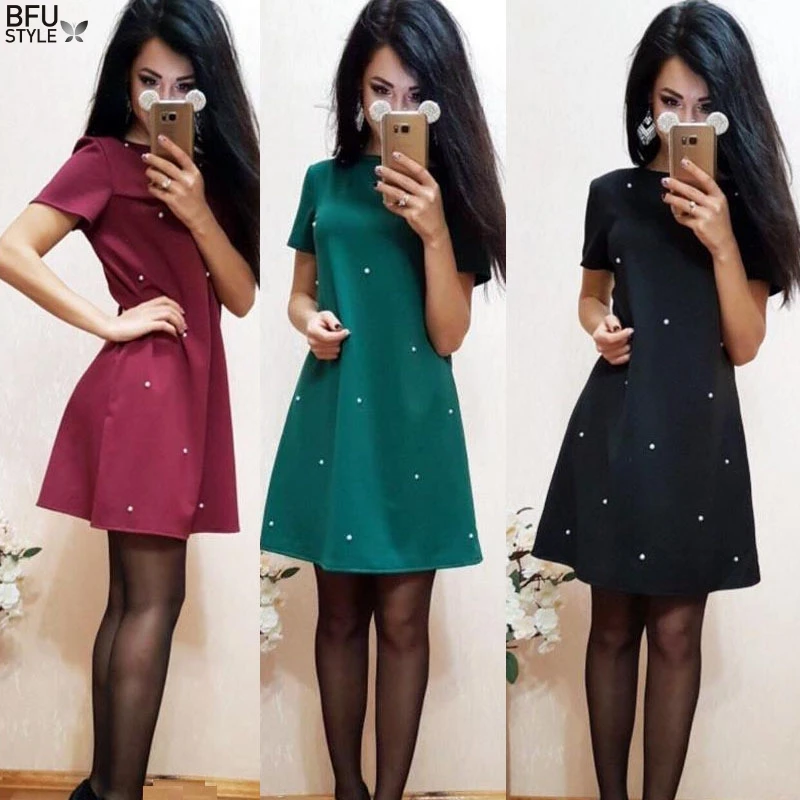 

Pearl Beading Tunic Dress 2019 New Fashion Womens Straight Dress Navy Short Sleeve Mini Dress Dropship