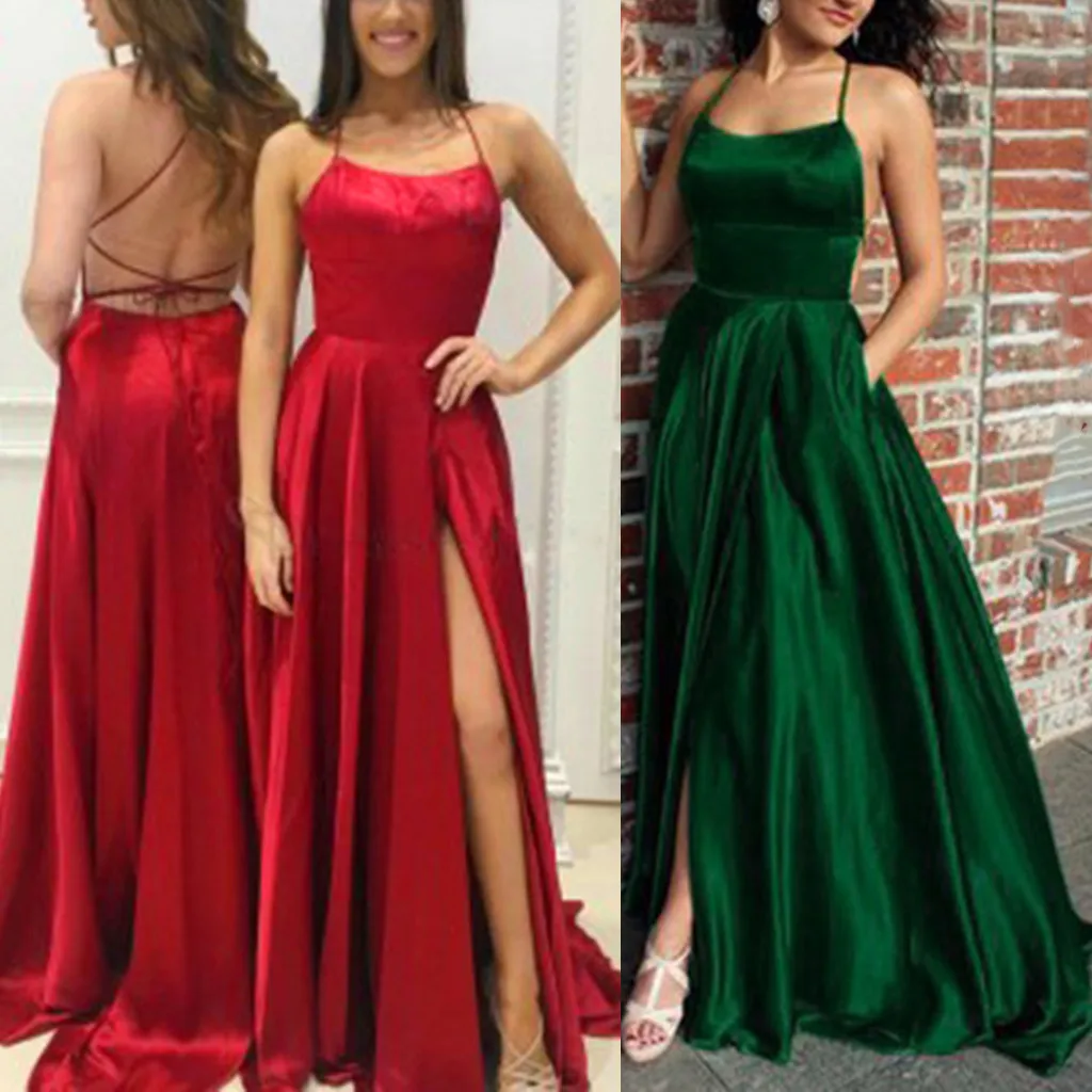 dresses woman party night sexy dress dinner dress Women's Solid Floor-Length Slit Up Backless Sheath Maxi Dress With Pockets