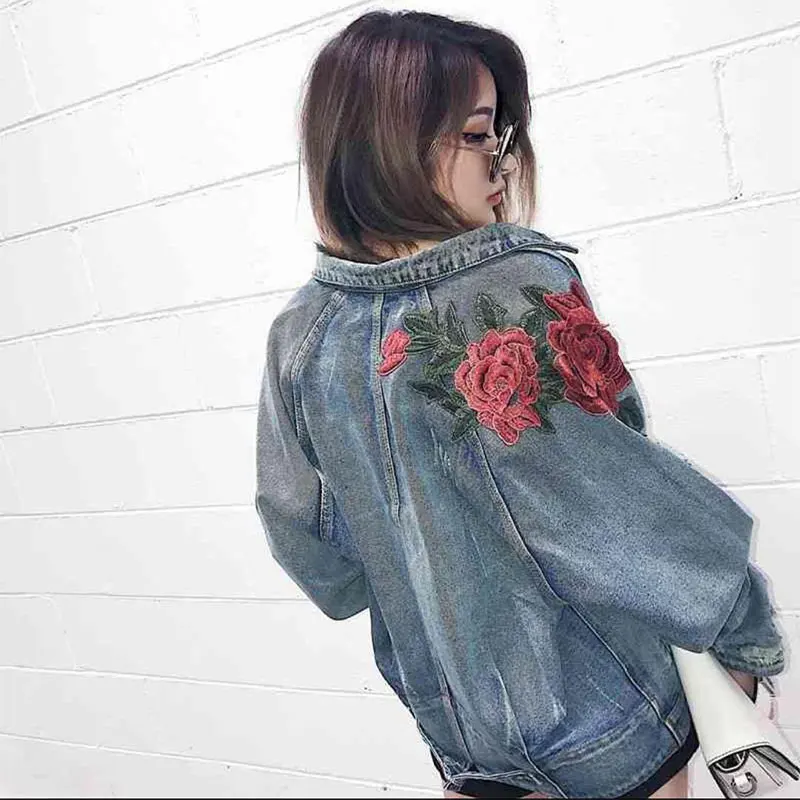 remarkable  Jeans Coat Women Rose Clothes Hip Hop Coat Fashion Flowers Jackets Us Size S-XL