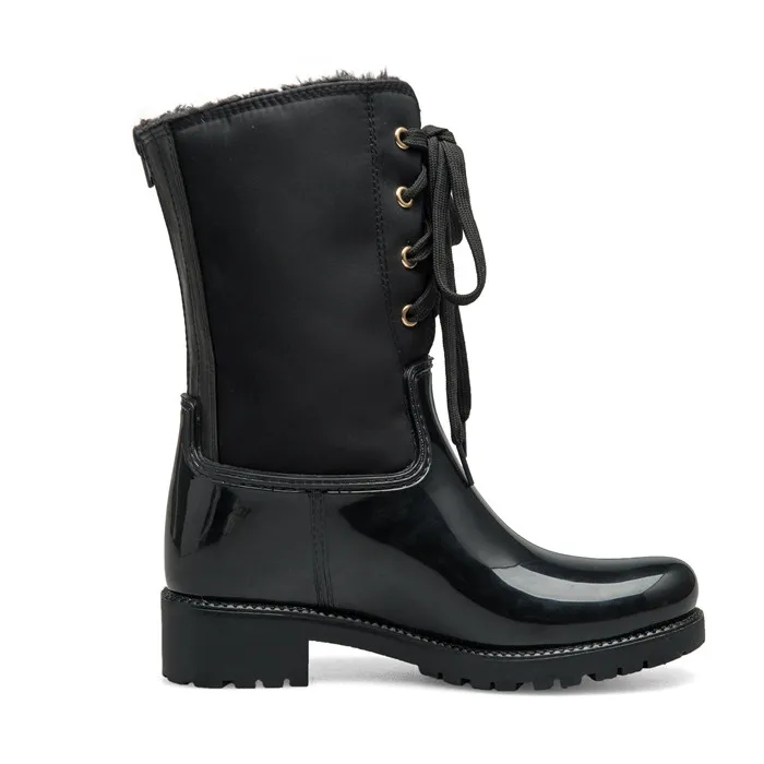 Glissière Non Tr213 up Rainboots Pluie Femme Dentelle slip Femmes Dos Fourrure Bottes Court Black Au Chaussures Chaude Talons D'eau Rouroliu Carré Étanche wzXOSBxq