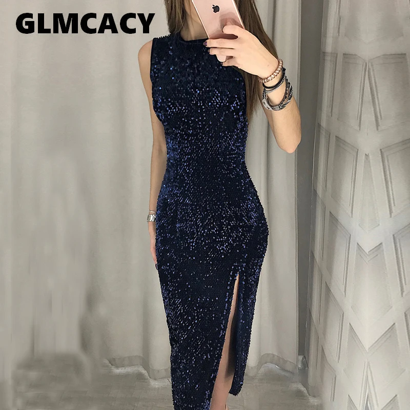 

Women Elegant Sexy O-Neck Bodycon Long Maxi Dresses Vestidos Sleeveless Thigh Slit Sequin Party Dress