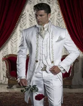 2016 stickerei Groomsmen Mandarin Revers Bräutigam Smoking Weiß Männer Anzüge Hochzeit/Prom Best Man Blazer (Jacke + Pants + weste) C1