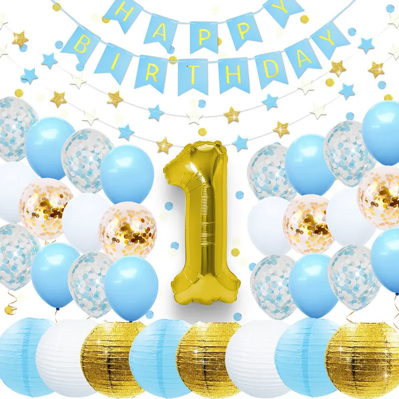 Nicro 37 шт./компл. во-первых 1st День рождения украшения комплект одежды для маленьких мальчиков и девочек, Фольга шар Бумага баннер гирлянда набор конфетти# Set78 - Цвет: Синий