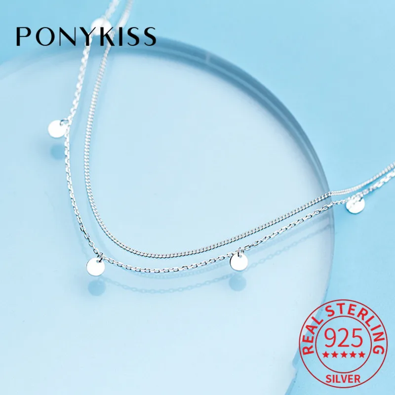 

Женское Двухслойное ожерелье PONYKISS, Трендовое круглое ожерелье с подвеской простое из 100% стерлингового серебра 925 пробы, модные вечерние аксессуары в подарок