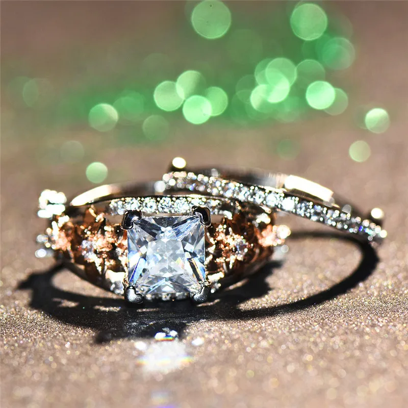 

Luxury Female Square Flower Ring Set Boho Silver Rose Gold Color Wedding Bridal Sets Promise Engagement Rings For Women