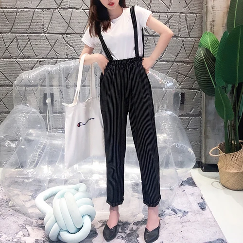 Streetwear Summer Pants Women 2019 Korean Style Casual Black Striped Elastic Waist Suspender Trousers Gray Plaid Overalls B308 Streetwear Summer Pants Women 2019 Korean Style Casual Black Striped Elastic Waist Suspender Trousers Gray Plaid Overalls B308