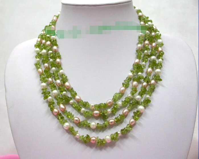 

FREE shipping>>>>classic 4rows white pink freshwater pearls green peridot necklace j209 6.07