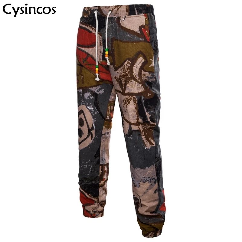 

Cysincos Plus Size Man Vintage Print Casual Pants Cotton Linen Trousers Joggers Clothing for Male Streetwear pantalon homme 5XL