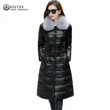 Новинка, зимняя куртка из овчины с воротником из лисьего меха, приталенная парка, Длинная женская теплая куртка из натуральной кожи, пуховое пальто Okb410
