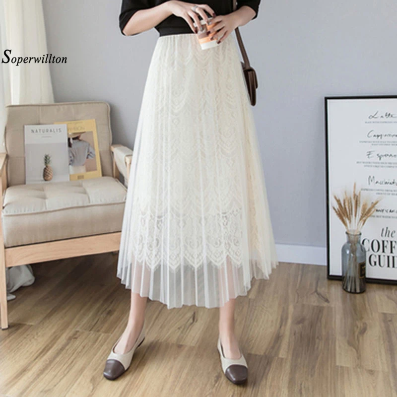 Женские юбки, мода, высокая талия, повседневные, сплошные, кружевные, весна-лето, до середины икры, Женская плиссированная юбка