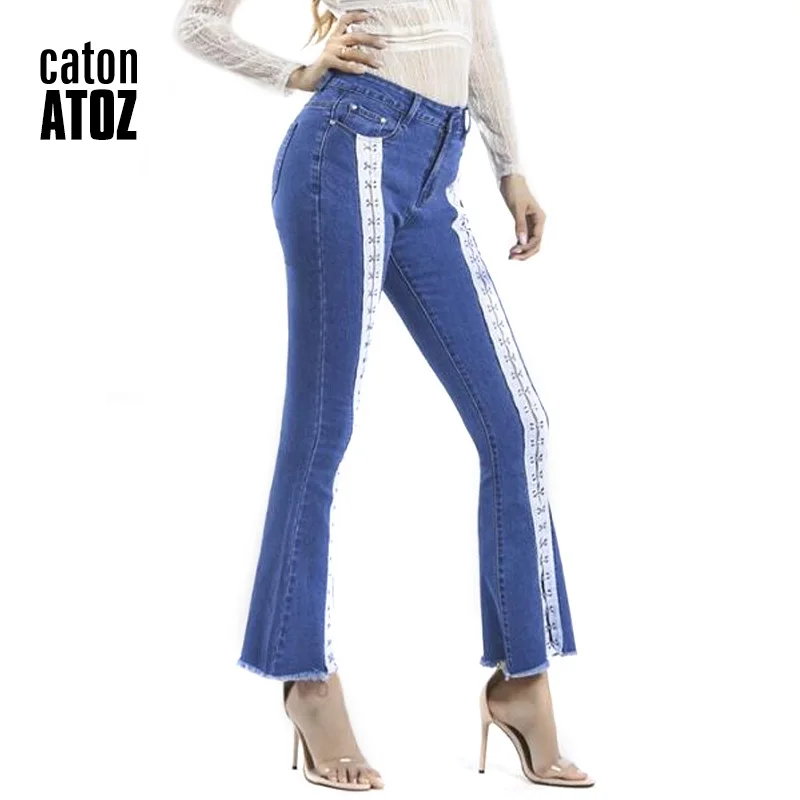 

catonATOZ 2193 Women`s Fashion Mid High Waist Jeans Plus Size Sexy Rivet Stitching Ribbon Stretchy Flare Jeans For Woman