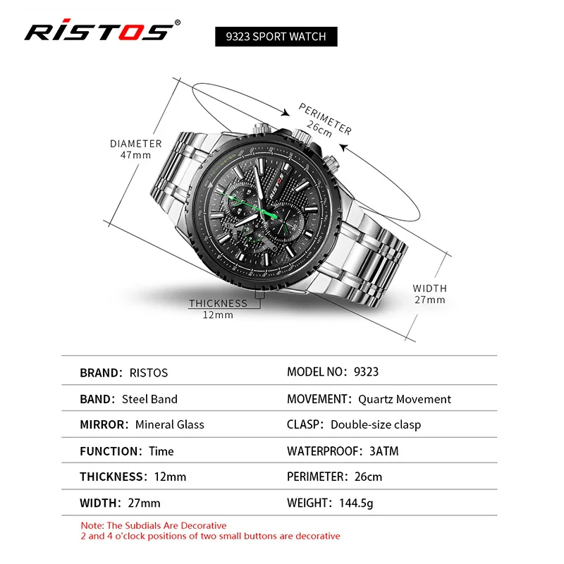 Мужские кварцевые часы RISTOS из нержавеющей стали Reloj Masculino экстремальные виды