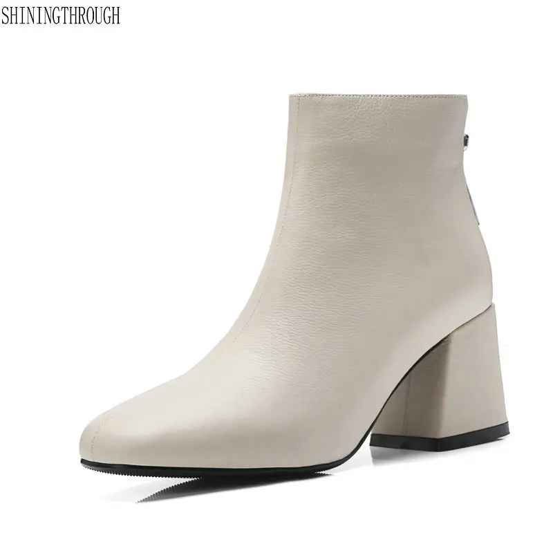

2019 Women Genuine Leather Chelsea Boots woman Thick High Heels Ankle Booties Fashion zipper Handmade Ladies Shoes size 42 43