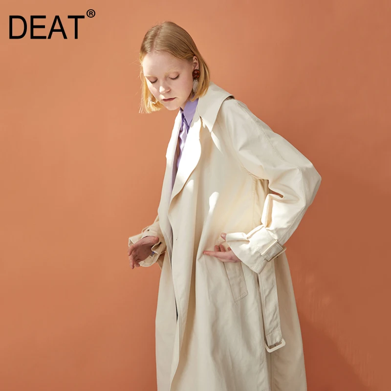 

[DEAT] 2019 New Spring Summer Lapel Long Sleeve Dark Blue Loose Bandage Long Big Size Windbreaker Women Trench Fashion Tide JW71