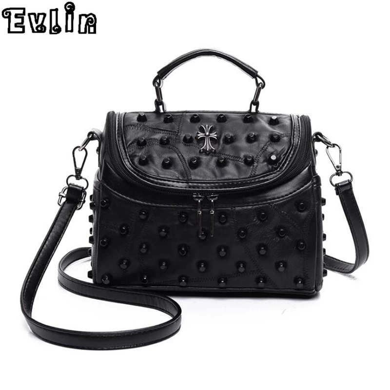 

Evlin Brand Women Handbags High Quality Genuine Leather Female Tote Bag Black Sheepskin Shoulder Messenger Bag With Rivet AW502