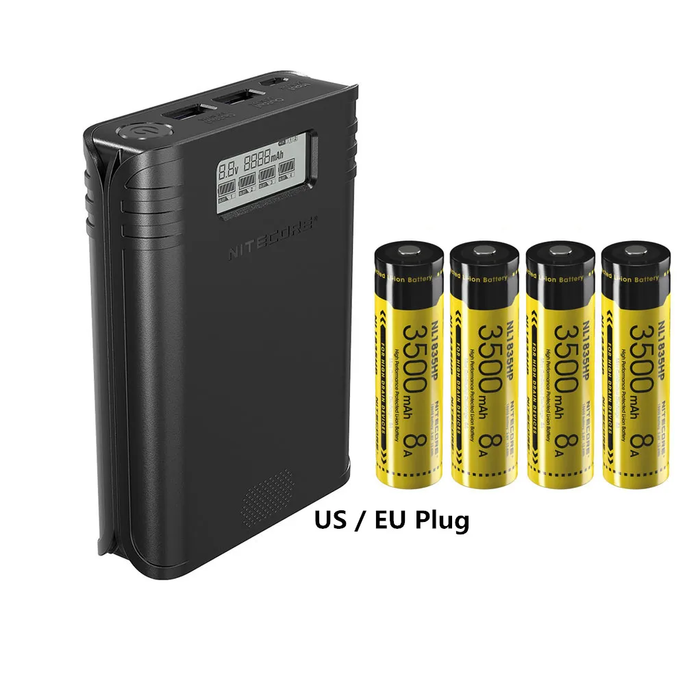 

2 in 1 NITECORE F4 Charger Four-Slots Flexible Power Bank USB charging LCD screen Battery charger 4* 18650 3500mAh 8A batteries