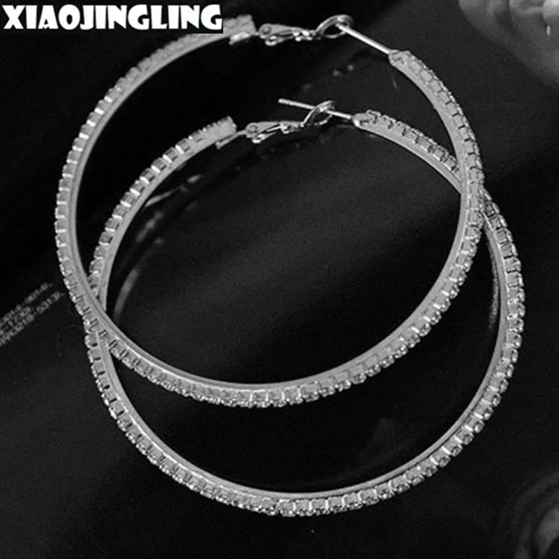 XIAOJINGLING Wholesales Price Female Earring Big Crystal Hoop Circle Silver Rhinestone Exaggerated Luxury Earrings Free Shipping | Украшения
