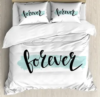 

Romantic Duvet Cover Set Forever Calligraphic Inscription on Pale Blue Modern Brush Stroke Artsy Decorative 4 Piece Bedding Set