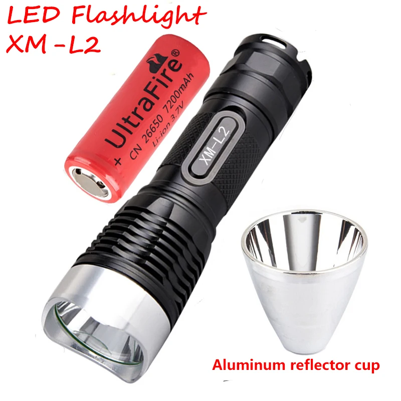 LED Flashlight 18650 battery 26650 CREE XM L2 Aluminum reflector cup